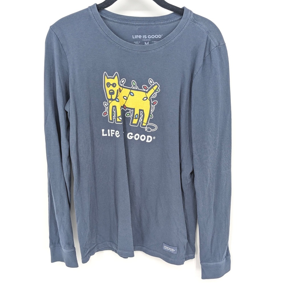 Life is Good T Shirt Womens Medium Blue‎ Dog Christmas Lights Long Sleeve Top